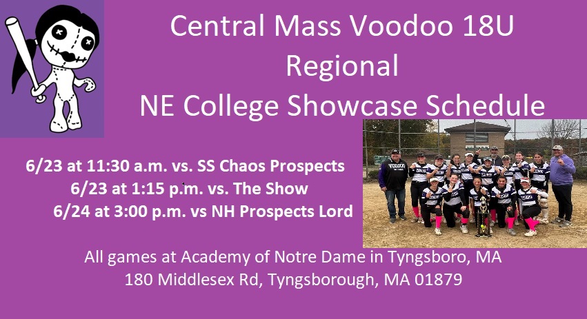 Upcoming schedule for next week's NE College Showcase - first two days in Tyngsboro against some great teams!  Lots of 2024 talent on this roster.  Lots of hustle and grit!  #voodoonation