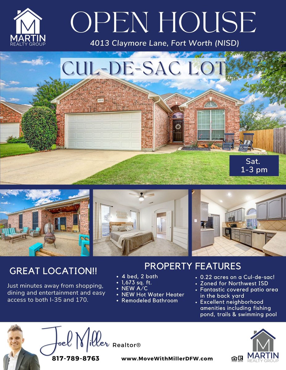 Visit these beautiful OPEN HOUSES this weekend!

#OpenHouse #ForSale #NewListings #FortWorthRealEstate #KellerRealEstate #MidlothianRealEstate #DFWRealEstate #MoveWithMiller #ShanaMartinRealtor #MartinRealtyDFW