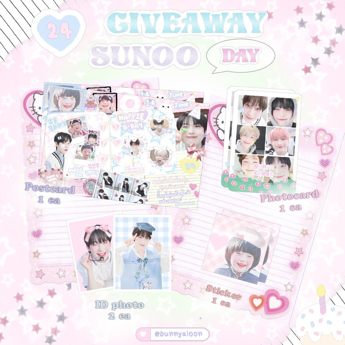 bunnyaioon's tweet photo. ✮ kindly rt ✮
⠀ ⠀ ⠀ ⠀ ⠀ 
𝒢ive away 𝒮un♡♡dae˚₊🐰
 — only 10 set  —

♡ྀི 𝒫ostcard 1 ea 
𝒫hotocard    1 ea
𝒾d ph✿to       2 ea
𝒮tickers         1 ea 

Location ⁺◟ ✿⃣ sunny flavor cafe 
Date : 24 June time : tba 

🌺 #HappysunooDay #SUNOO 
 #LittleSweetieSunoo https://t.co/U7aJ1gdIbX