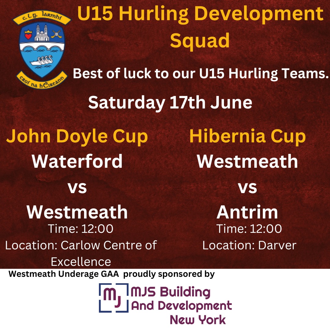 Our U15 hurlers will be heading in different directions tomorrow morning for two games. One team will travel to Carlow to play Waterford, and the other to Darver (Co. Louth) to take on Antrim. Best wishes to both teams!!! #iarmhiabu #westmeathgaa #maroonandwhitearmy
