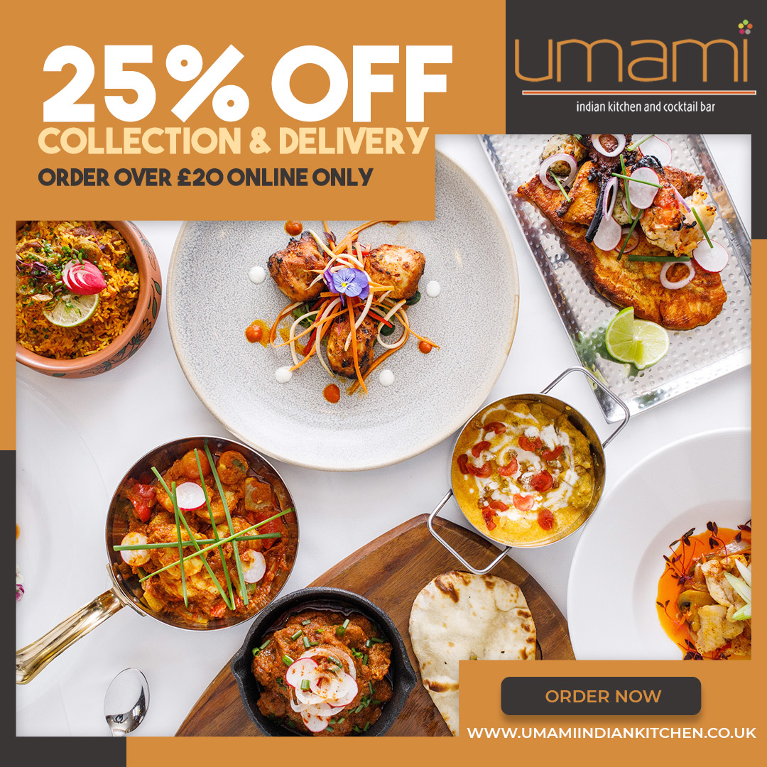Enjoy a special offer from Umami Indian Kitchen this weekend! Get an amazing 25% discount on all Collection &amp; Delivery orders over £20 when you order through our website or app. 
Order online at umamiindiankitchen.co.uk/menu.

#UmamiRestaurant #IndianTakeaway #DeliciousDining