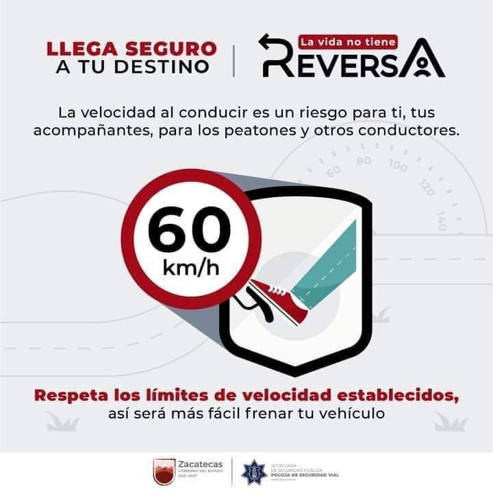 #LaVidaNoTieneReversa, respeta los límites de velocidad establecidos, anticipa tus traslados para evitar contratiempos y accidentes viales.

#AbrazaLaVida 

@PoliciaVial_Zac 👮‍♀️👮‍♂️