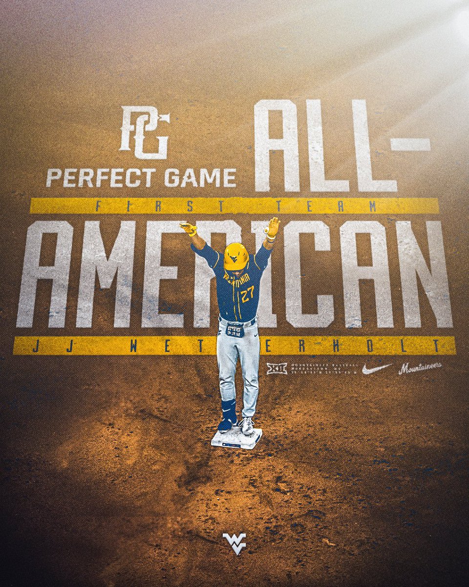 WVUBaseball's tweet photo. Make it 3️⃣ First-Team All-America accolades for JJ, this time from Perfect Game!

📰https://t.co/oK1KxXJgH2

#HailWV | @jj_wetherholt https://t.co/LXpyz88fba