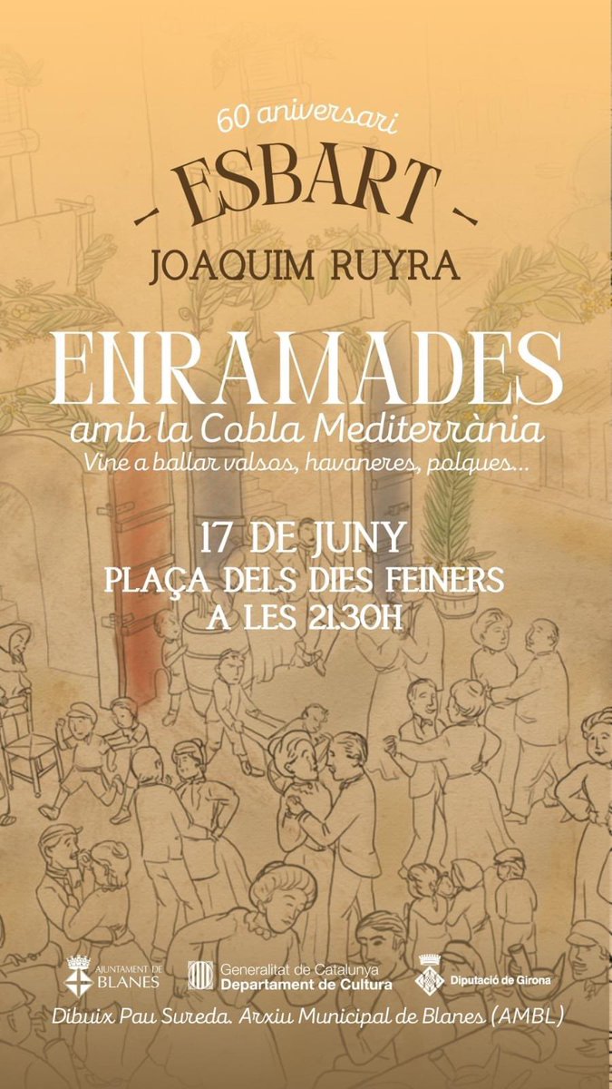 Blanes_cat's tweet photo. Notícia: @EsbartJRuyra recuperarà les #EnramadesdeCorpus, un Ball d’Època amb #CoblaMediterrània dirigida per #MarcelCasellas Dissabte a les 21’30 h a la Plaça dels Dies Feiners, amb exdansaires i tothom que s’hi vulgui afegir, en un nou acte dels 60 Anys
https://t.co/VqtCSevnaJ https://t.co/j6AwHY5Wxk