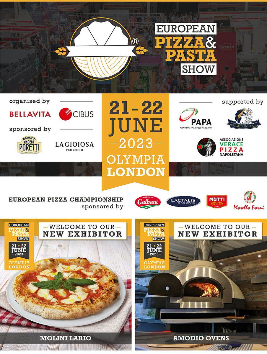 *pizzapastashow.com*
We are delighted to welcome AMODIO OVENS and MOLINI LARIO as exhibitors at the European Pizza &amp; Pasta Show, 21-22 June 2023, Olympia London. Don't miss it - register, join and meet them at the event.