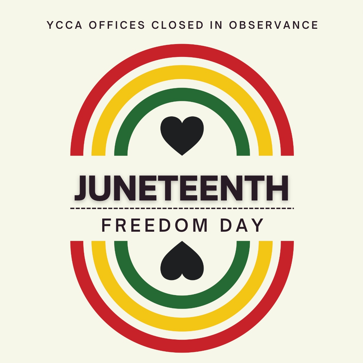 This coming Monday, June 19, 2023, YCCA offices will be closed in observance of Juneteenth. 🧡

Learn more about Juneteenth and its history here: nationalgeographic.com/culture/articl…