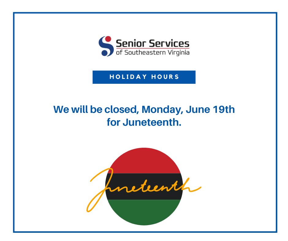SeniorSSSEVA's tweet photo. We will be closed on Monday, June 19th in observance of Juneteenth. We will resume regular hours, Tuesday, June 20th. https://t.co/fHxP8OrpKC