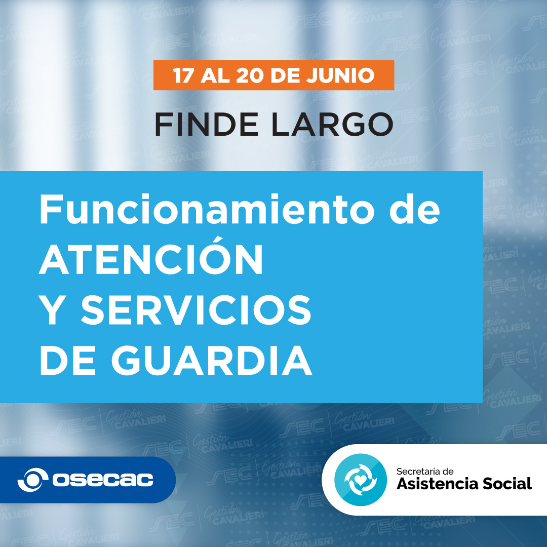 ⚠️ ¡ATENCIÓN - OSECAC! ‼️

ℹ️ Les comparto información sobre la atención y los servicios de guardia de #OSECAC en CABA durante el finde largo del 17 al 20 de junio.

Van a encontrar toda la info ingresando a 👇🏼 osecac.org.ar/Visualizadores…