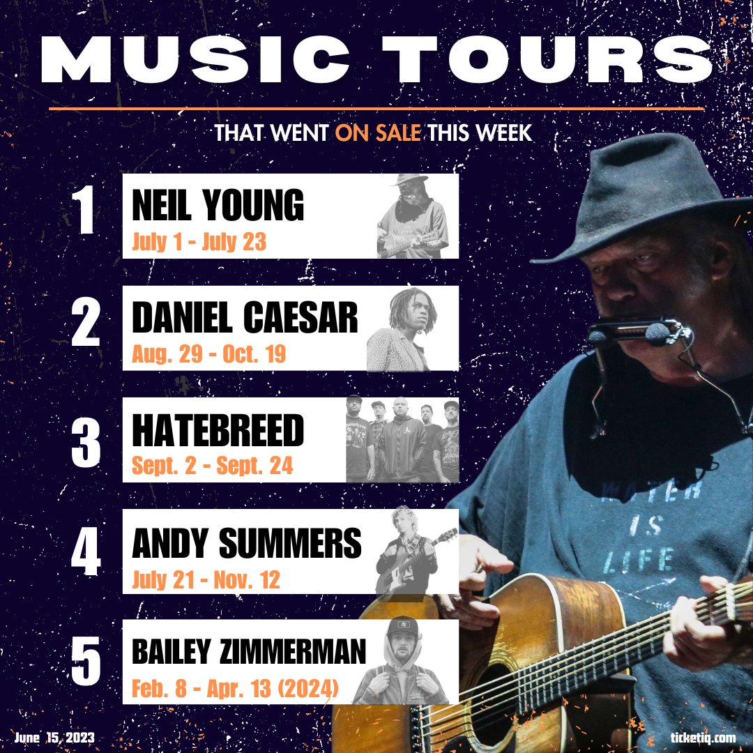 Top tours #OnSale this week include: #NeilYoung, #DanielCaesar, #Hatebreed, #AndySummers, and More! Fee free tickets available now for all upcoming tours & festivals this summer. #livemusic #tickets
.
bit.ly/TicketIQ_app