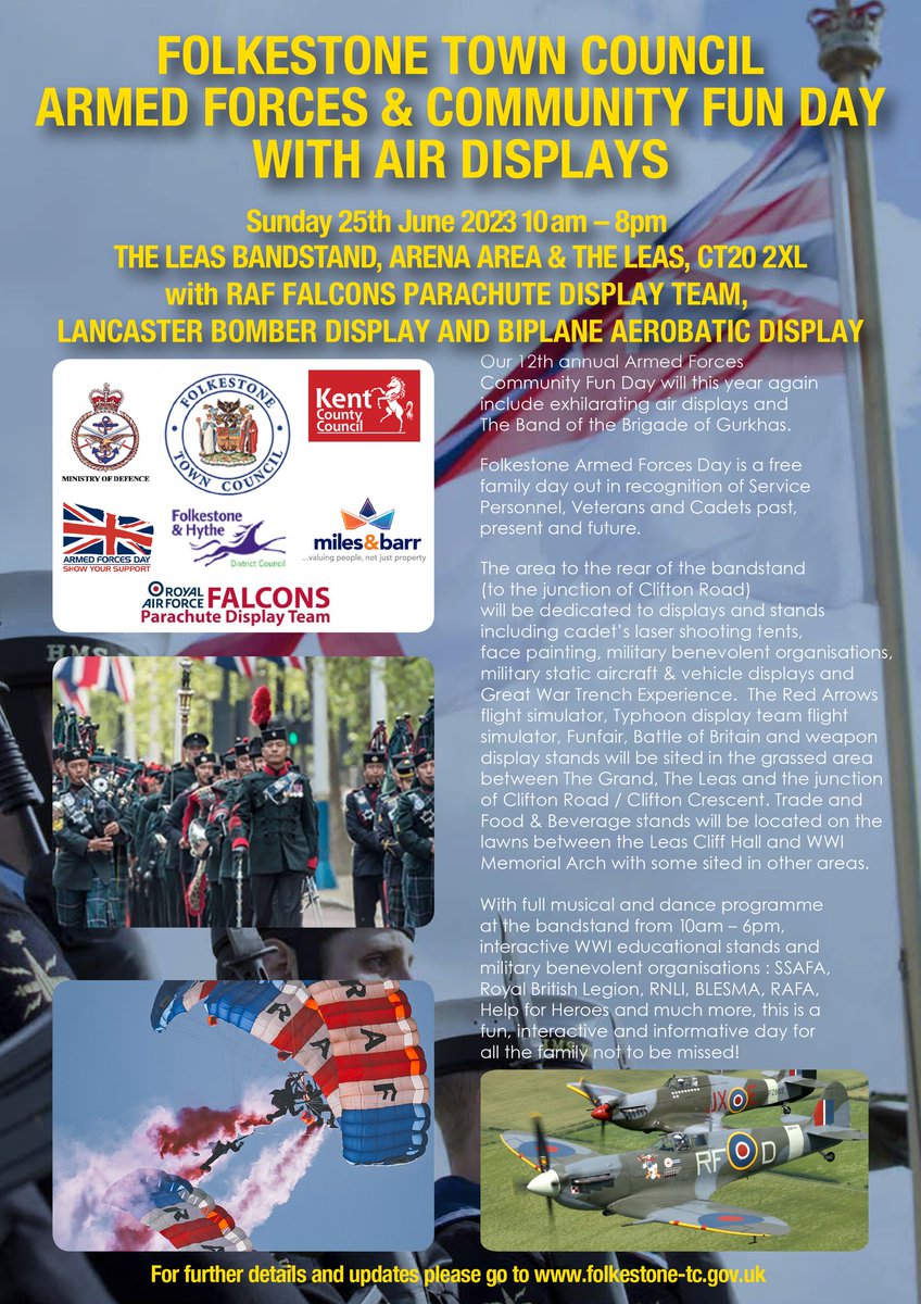 We're proud to support this year's Folkestone Armed Forces Day at The Leas on Saturday 25 June.

The event is 𝗳𝗿𝗲𝗲 for all to attend and plays a special part in recognising service personnel, veterans and cadets.

For all the details, fly on over to ➡ folkestone.tc.gov.uk