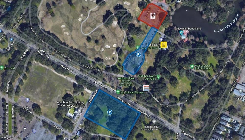 runNOTC's tweet image. Parking for the Richard Newcomb Memorial Father's Day Race is available in either of the blue areas, both above and below Magazine St. Parking is NOT available in the red area (towing enforced). See you this Sunday in historic Audubon Park! #runNOLA