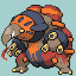 #fakemon #オリポケ グラトラン。 炎タイプ。クイタランに炎の石で進化。 背中や尻尾に背負っているのは炎を圧縮した燃料タンク。
