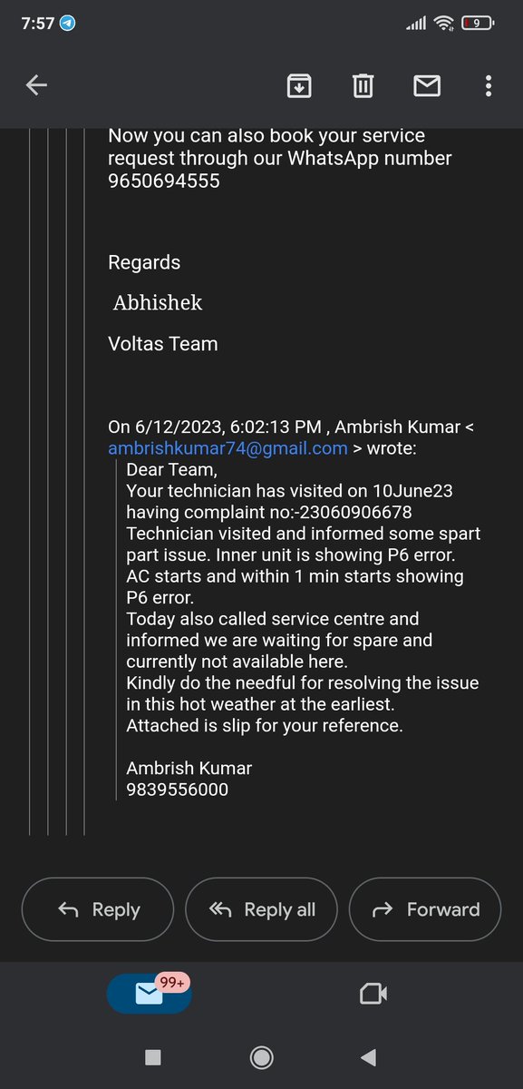 ambrishkumar74's tweet photo. @myvoltas @RahulShah2509 Dear Team my complaint is not getting attender after no of emails and reminders https://t.co/CCesnWsekk