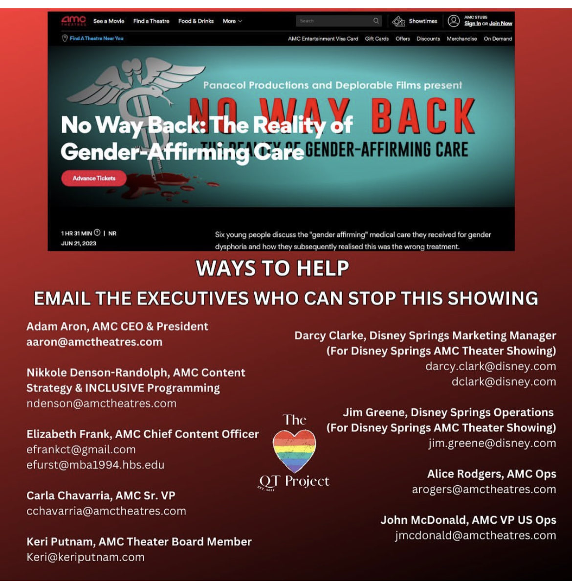 VoicesOfFlorida's tweet photo. 📢Call to action! Contact @AMCTheatres @DisneySprings @WaltDisneyWorld and tell them not to screen this hateful, medically inaccurate documentary aimed at harming the trans community. #Trans lives are under attack and many people are fleeing #Florida for their safety. https://t.co/ki46IsIyV3