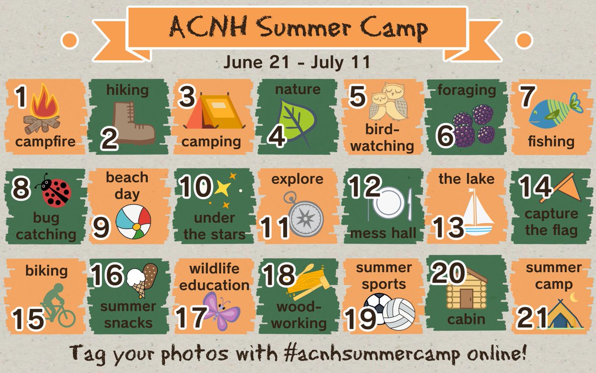 The first day of summer is coming up, and the bus to Summer Camp will be picking us up soon! Here's a fun camp calendar full of photo prompts that match the season ☺️

From June 21 - July 12, follow along with the prompts and tag your photos with #acnhsummercamp to play along! 🏕️