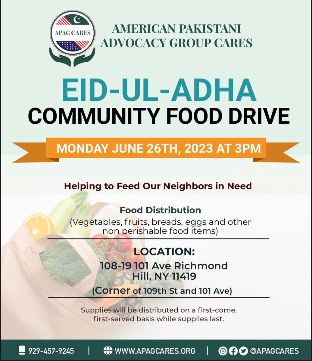 APAG Cares Eid Ul Adha Community Food Drive will be held on Monday, June 26th, 2023 at 3pm. With the goal of helping to feed our neighbors in need. It’s all about giving back and serving the community. 

#APAGCares #communitywork #eid #eiduladha #richmondhill #queens #volunteer