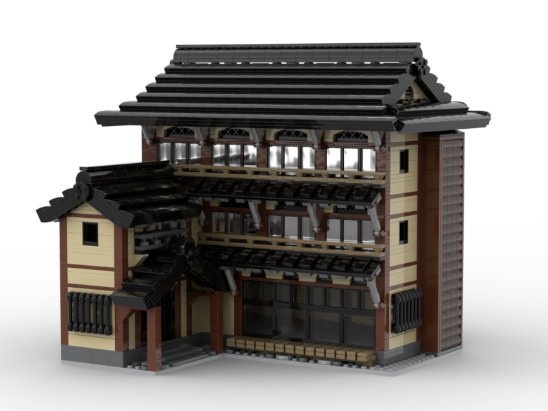 nabe_brick's tweet photo. #JBF2023 からはや一週間経とうとしていますが、少しずつ作品についてご紹介していこうと思います。

●大きな旅館…作者 @kusomuto20 
地形にめり込んだような立地(画像2)です。また当初の設計では塔屋がありませんでした(画像3)が、@utlegohei の提案で追加されました https://t.co/RJcz6Xz3Kw