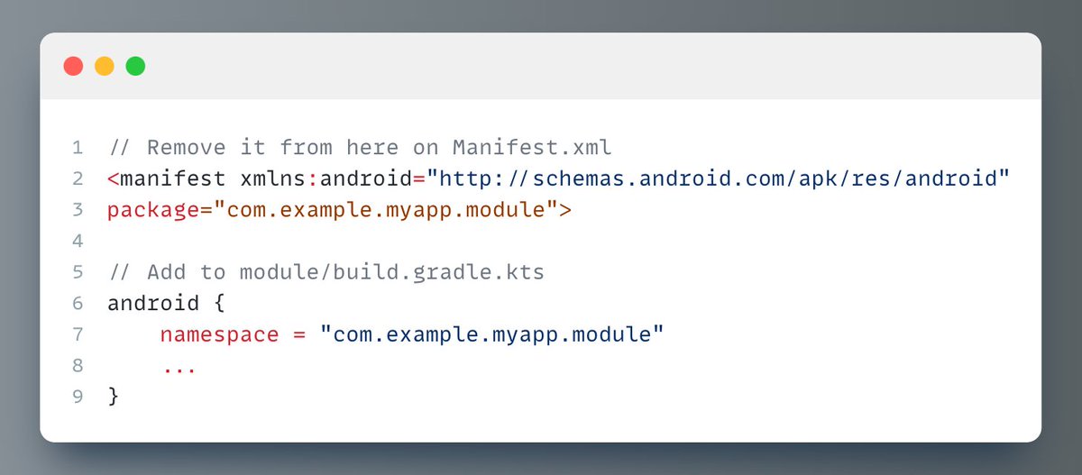 alex_matuzenko's tweet image. 💡 One of breaking changes introduced migrating your android project to AGP 8 is to declare your package name on gradle file as namespace for every module instead of the Manifest.

Link to docs - lnkd.in/gR6-SaaV

#androiddevelopment #android #kotlin #gradle