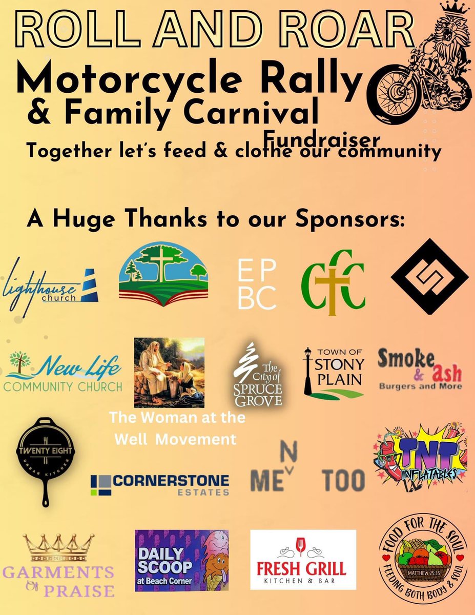 “Roll and Roar “ Motorcycle Rally and Family Carnival “ is on Saturday June 17th from 10-1pm at Lighthouse Church in Stony Plain 49 Boulder Blvd. Join us for a fun time !!! #fundraiser #stonyplain #sprucegrove #parklandcounty #mayorchoy