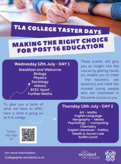 There are still spaces on our college taster days for this July. Come and have a look at what we can offer to help you or your child achieve their goals and exceed their own expectations.
Scan the QR code or sign up using this link:
docs.google.com/forms/d/e/1FAI…

#gcses2023 #sixthform