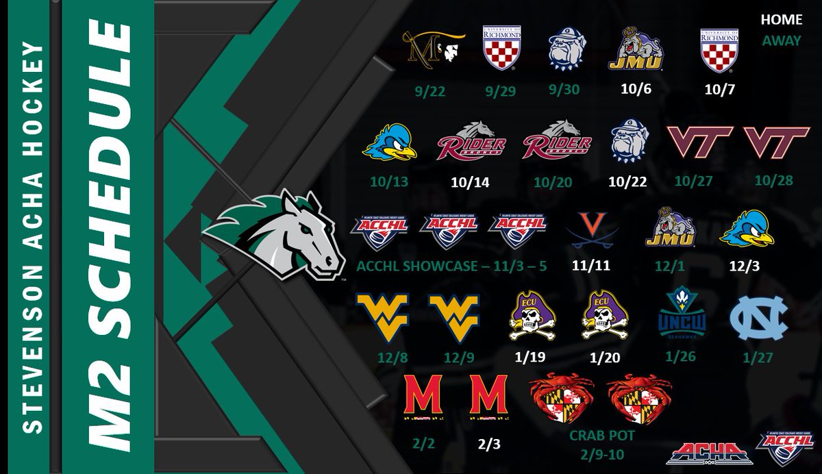 🚨M2 Schedule Drop🚨

Times and locations will be announced in August; all games are subject to change as teams continue to finalize their schedule. 

Playoff information will also be available later this summer!

#ACHAHockey #ACCHLHockey #rollstangs #greenhorses