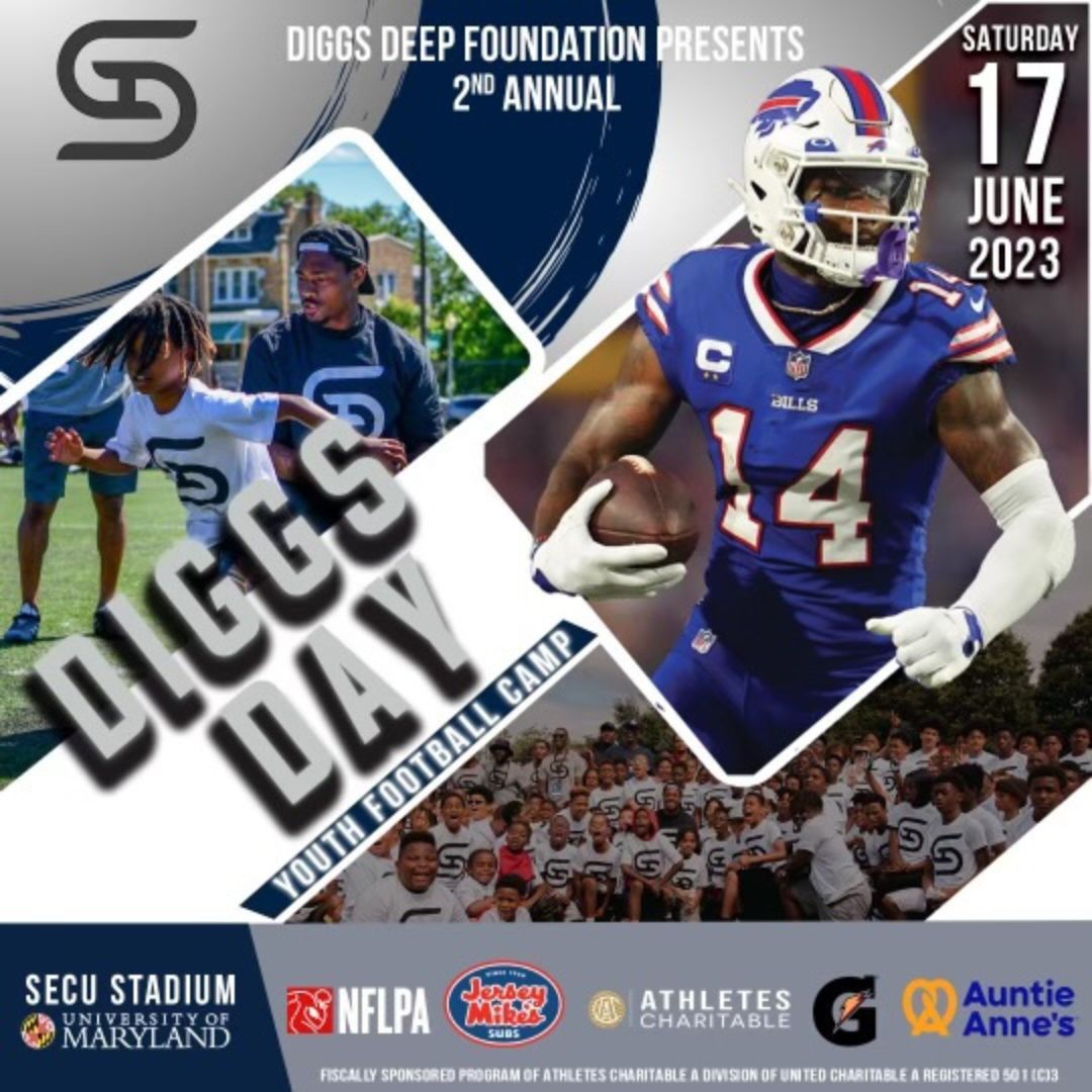 Athletes_Legacy's tweet photo. Athletes Charitable member, Stefon Diggs, will host his second annual Diggs Day Youth Football Camp in College Park, MD tomorrow. We are proud of his dedication to making an impact in the lives of our youth! #DiggsDeepFoundation #StefonDiggs #AthletesCharitable #GivingLegend https://t.co/elUe2X5YSl