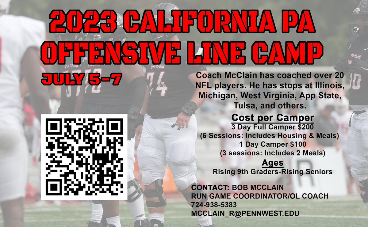 🔥 OL Camp 🔥 📅 July 5-7th 📍 @PennWCalifornia 🏈 @Coach_BMcClain 🔗 calpafootballcamps.totalcamps.com/shop/product/2… #VulcanFootball 🔥🏈