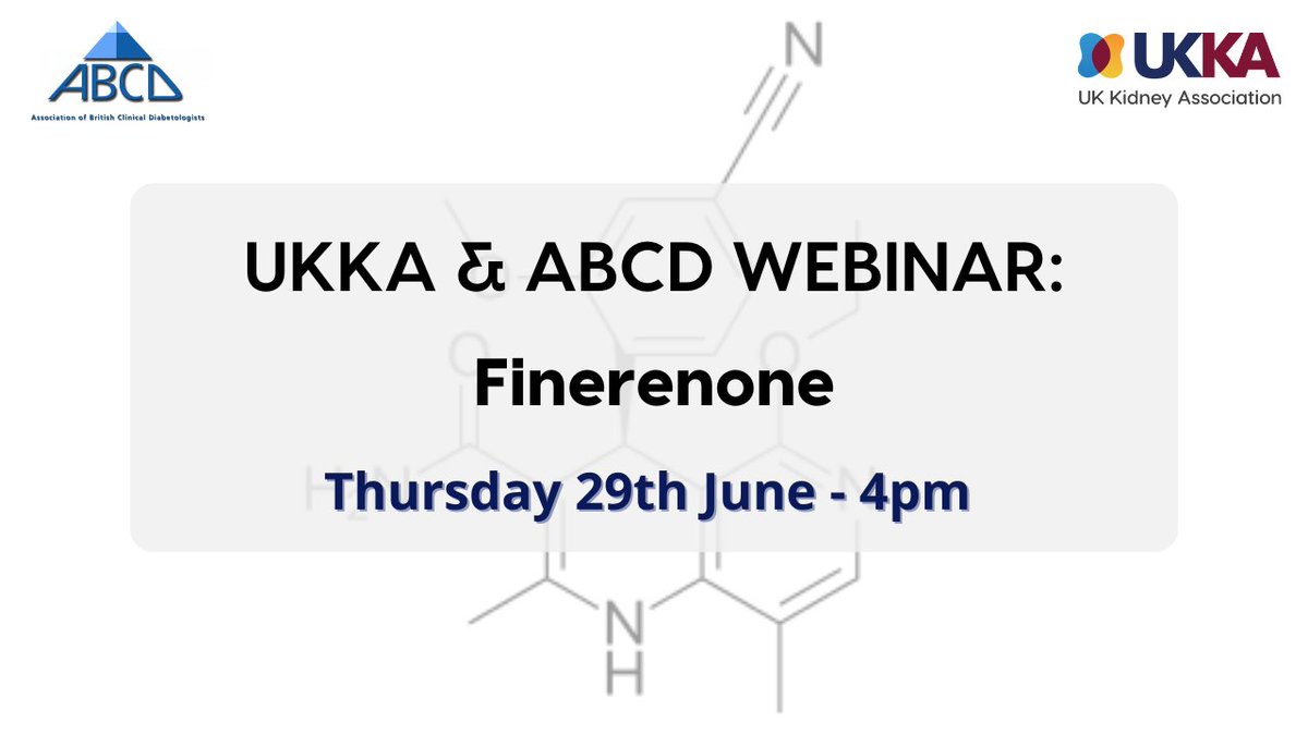 Don’t miss out on our free webinar joint with @ABCDiab 'Finerenone - Another Brick in the Wall' 📅 29th June 2023 🕓 4-5pm 🗣️ @AndrewFrankel1 & Dr Parijat De 🎟️ bit.ly/45Z2lRR Updates on the introduction of finerenone as a treatment of #diabetic #kidney disease.