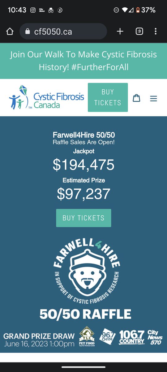 You have your tickets? 1pm draw TODAY!  I think this jackpot is going to hit $100,000!  That's 100k for you or me &amp; 100k for #curecf   GO <a href="/farwell_WR/">Mike Farwell</a> !!!
