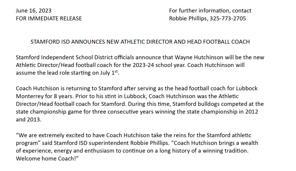 Stamford is bringing back state championship winning coach Wayne Hutchinson as the head coach and athletic director for the Bulldogs. 

<a href="/sportsfreaknut/">Brandon McAuliffe</a> had it first.

Is the coaching graphic done for the year? We can only hope...