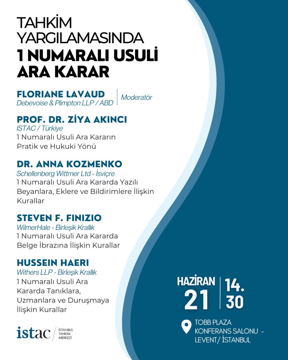 Istanbul Arbitration Centre is honored to announce the "Best Practice of Procedural Order 1" Seminar to be held on 21 June at 2:30 pm (Istanbul Time). The seminar will be conducted with simultaneous interpretation.