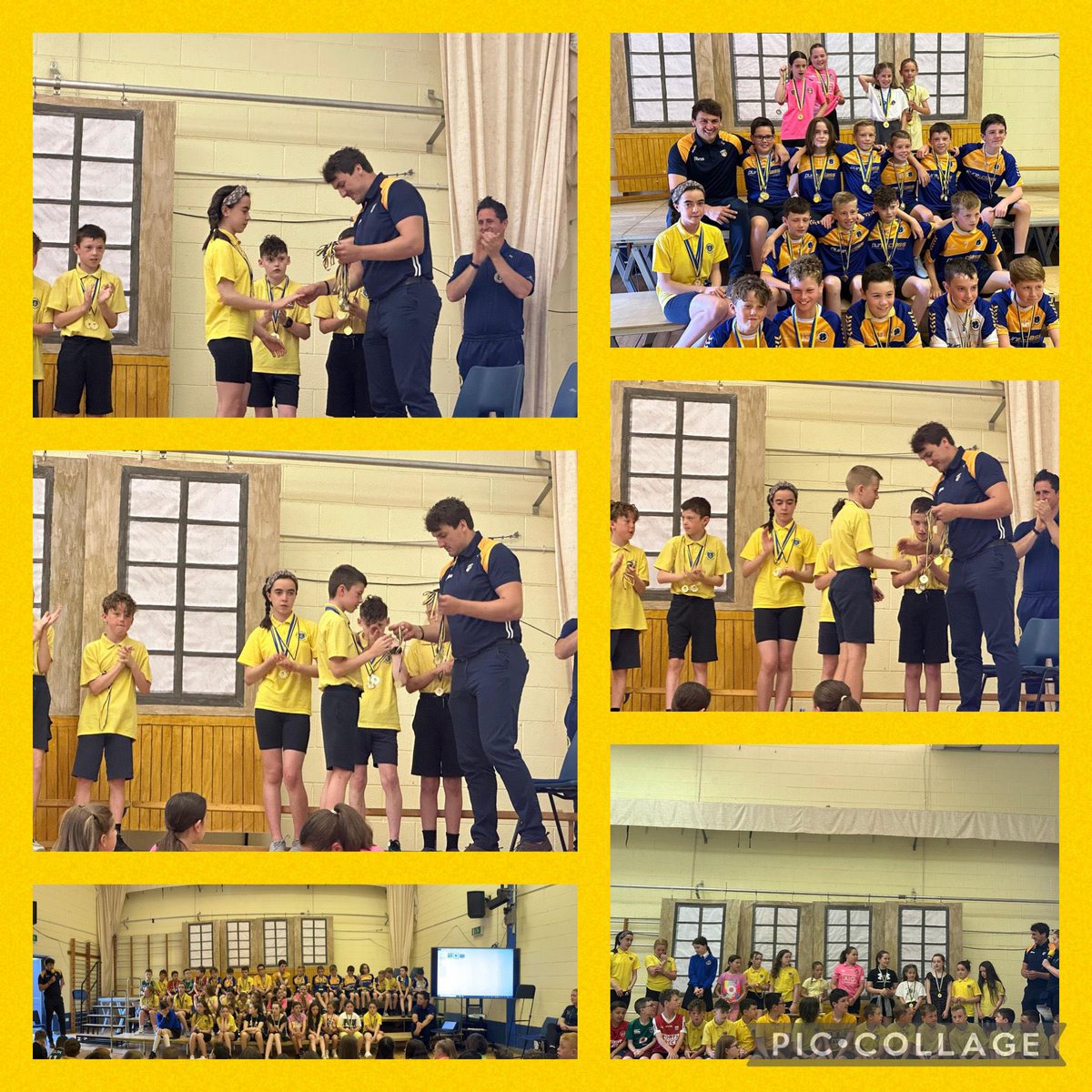 OLQOPPS's tweet photo. We had a great day celebrating our GAA players, their families and our school. Thanks to @domhnallN for presenting our teams with their medals 💙💛 Thanks to all the county players who sent words of encouragement @AontroimCnamB @Gaelfast_GAA @AntrimGAA @officialgaa https://t.co/9m9hBFFtCe