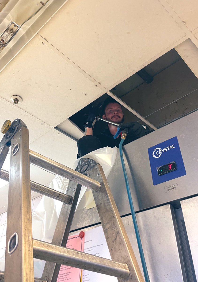 ‘Drop a photo that someone took of you doing your job…’

😅
Balancing on a freezer with my head inside the roof. (Cleaning vents.)