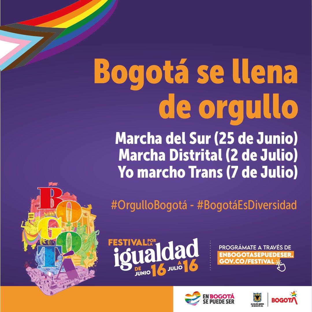 Desde la Alcaldía Mayor de Bogotá respaldamos la iniciativa ciudadana que desde hace cuatro décadas invita a movilizarse en memoria, conmemoración y celebración de los derechos LGBTI.  
 
¡Nos vemos en la marcha del orgullo 2023! #BogotáEsDiversidad #OrgulloBogotá 🌈