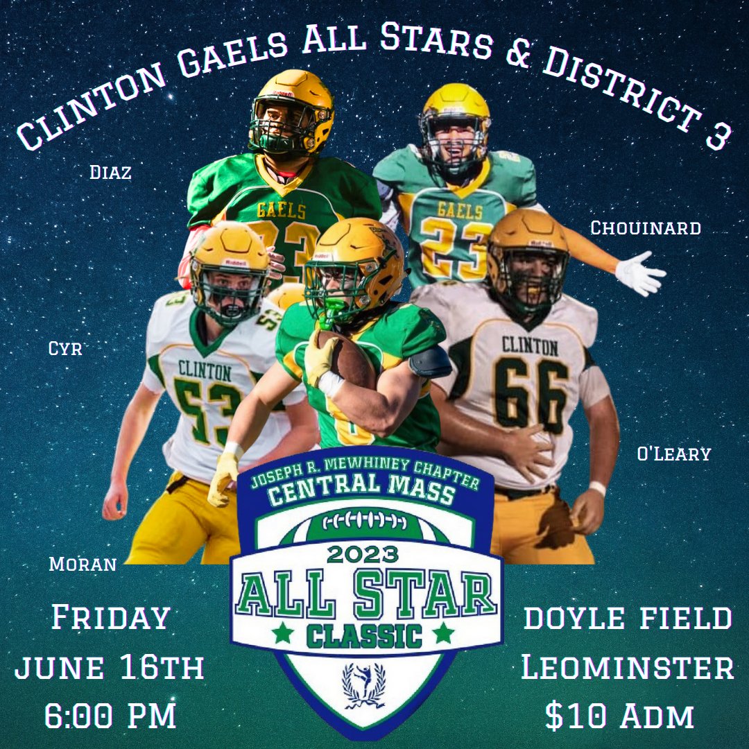 TONIGHT!!! 2023 Joseph R Mewhiney Chapter Central Mass All Star Classic! @JRMCMA @GaelsAthletics @GaelsClinton @CoachOgilvie @NCbison_FB @WSU_LancerFB