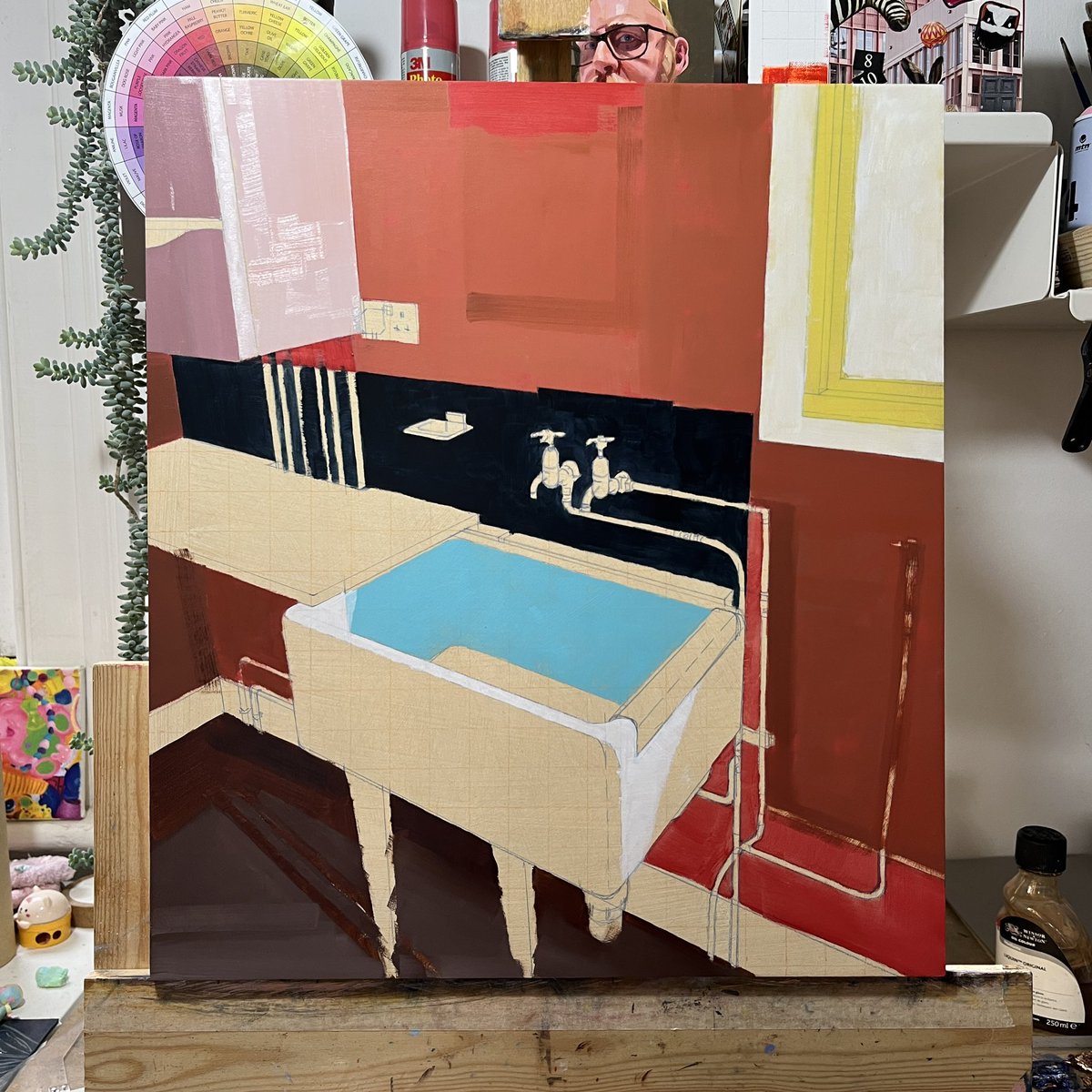 richardmcj's tweet photo. On the easel..
Work in progress - oils on panel, 40x45cm. Laying down some nice juicy slabs of colour. Keeping it ‘big brush’ for the time being.. #oilpainting #tfif #juicy #bigbrush https://t.co/YpblXm7jXq