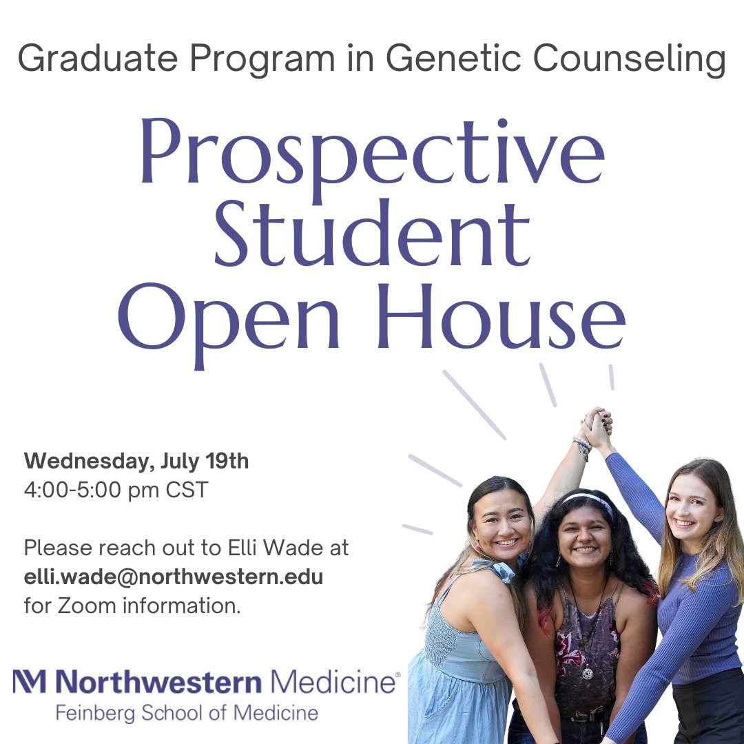 Northwestern GPGC (@nugcprogram) on Twitter photo Are you interested in Genetic Counseling and hoping to apply to our program? Please join us for a Virtual Open House on July 19th from 4-5pm CST! If you are interested in attending, please email Elli at elli.wade@northwestern.edu for the Zoom information. Hope to see you there! Are you interested in Genetic Counseling and hoping to apply to our program? Please join us for a Virtual Open House on July 19th from 4-5pm CST! If you are interested in attending, please email Elli at elli.wade@northwestern.edu for the Zoom information. Hope to see you there!