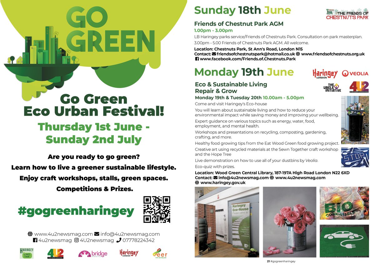 Sunday and Mondays events for #GOGREENHARINGEY Eco-Urban Festival 2023

#gogreen #greenweek #upcycle #haringey #tottenham #chestnutspark