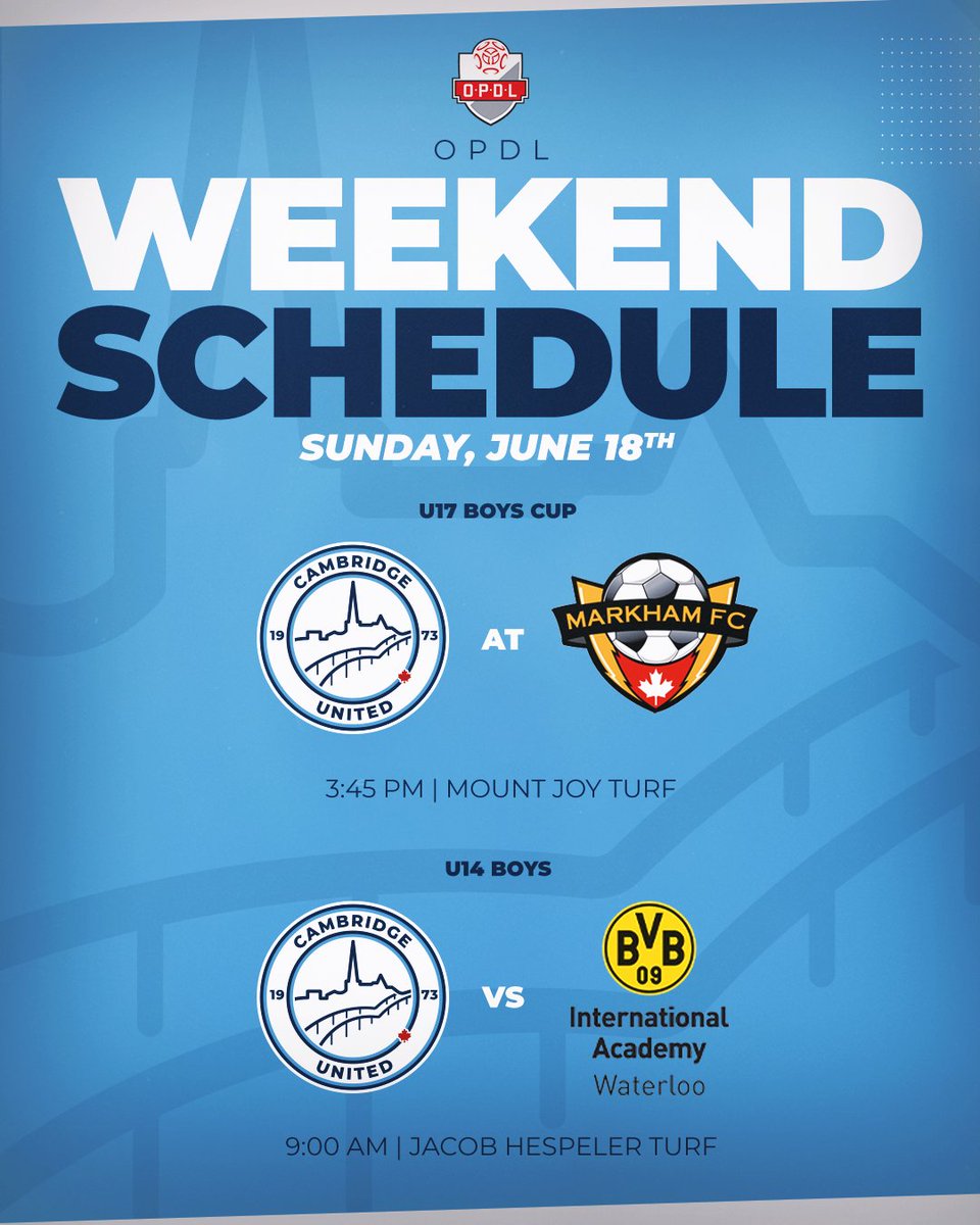 Mark your calendars for the OPDL Weekend Schedule 🗓️

Wishing good luck to every team!

#CambridgeUnited #OPDL #OntarioSoccer