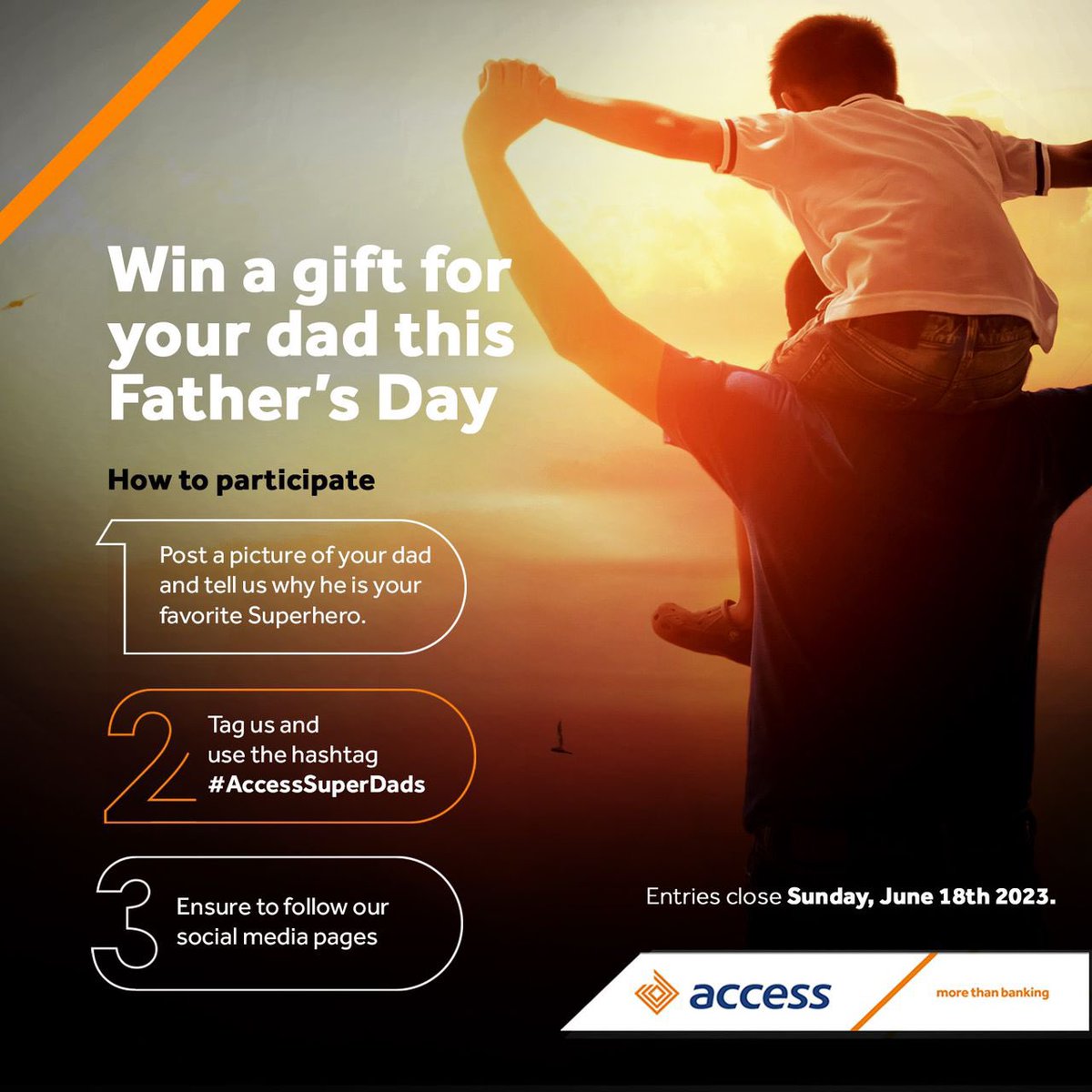 Is your dad your favorite Superhero? Post a picture of him and tell us why he deserves to win our amazing gift. 

Tag us and use the hashtag #AccessSuperDads 

Entries close Sunday, June 18 2023.

#AccessSuperDads 
#AccessCares 
#MoreThanBanking 
#FathersDay