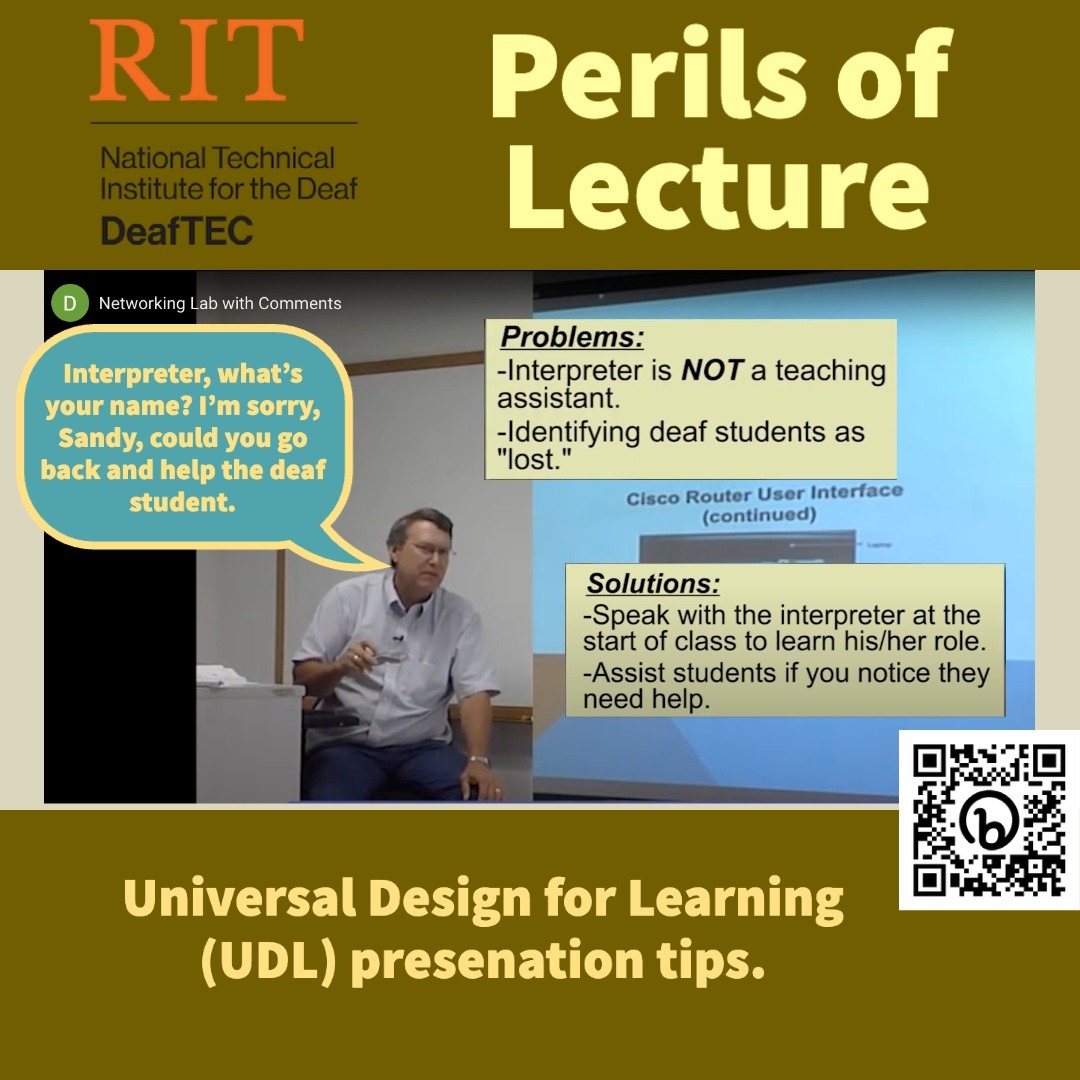 #DeafTECTeachingTip Perils of Lecture. #UDL presentation tip. Interpreters are team members, but they are not teachers or assistants. Assist students when you notice they require help. @RIT/NTID  #DeafEd #NSFfunded #AccessATE #AccessiblityMatters

deaftec.org/teaching-learn…