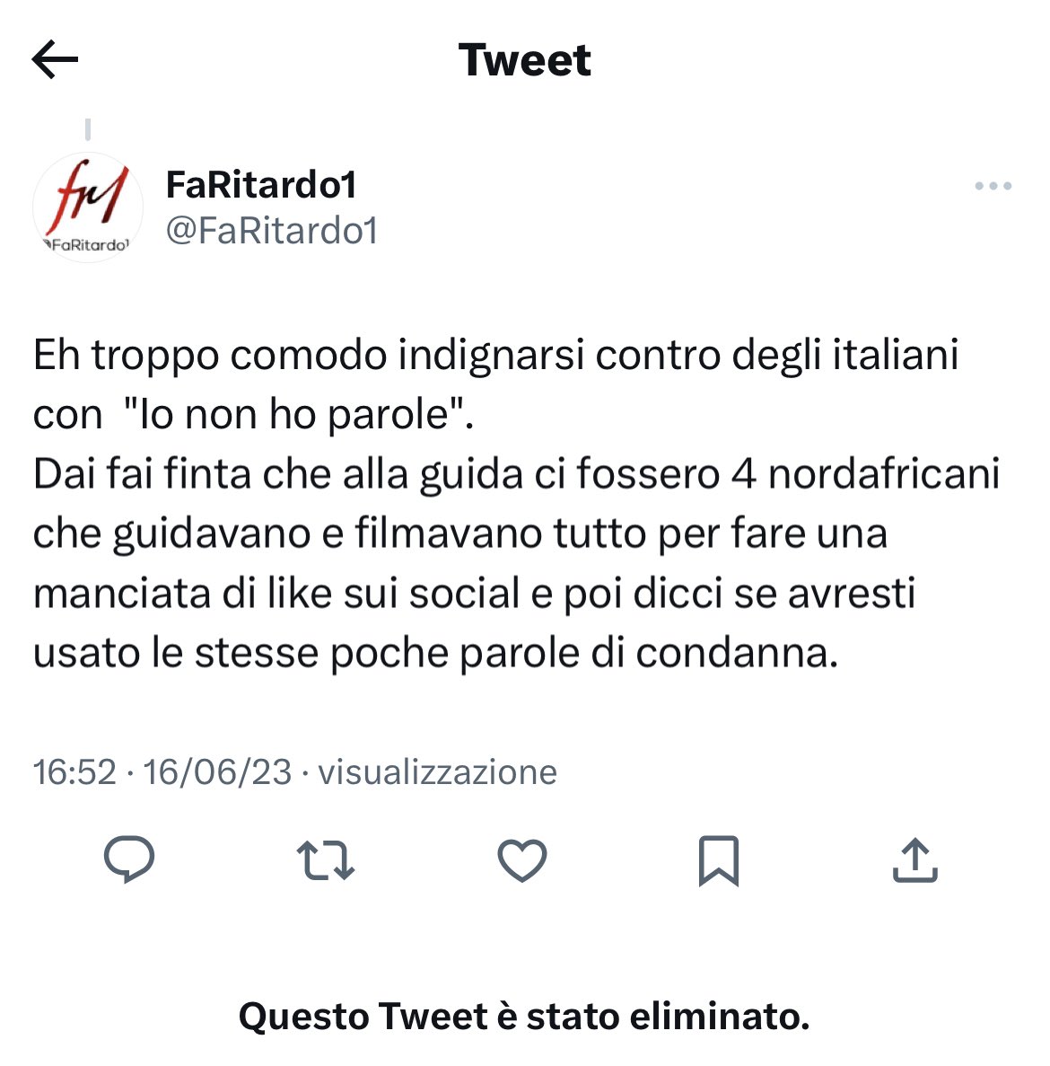 Al signore che ha eliminato il tweet rispondo ugualmente pubblicamente affinché anche altri capiscano. NON MI FREGA NULLA DELLA NAZIONALITÀ. Questi sono dei coglioni e dovranno rispondere delle loro azioni di fronte alla legge. Stop. 
#16giugno