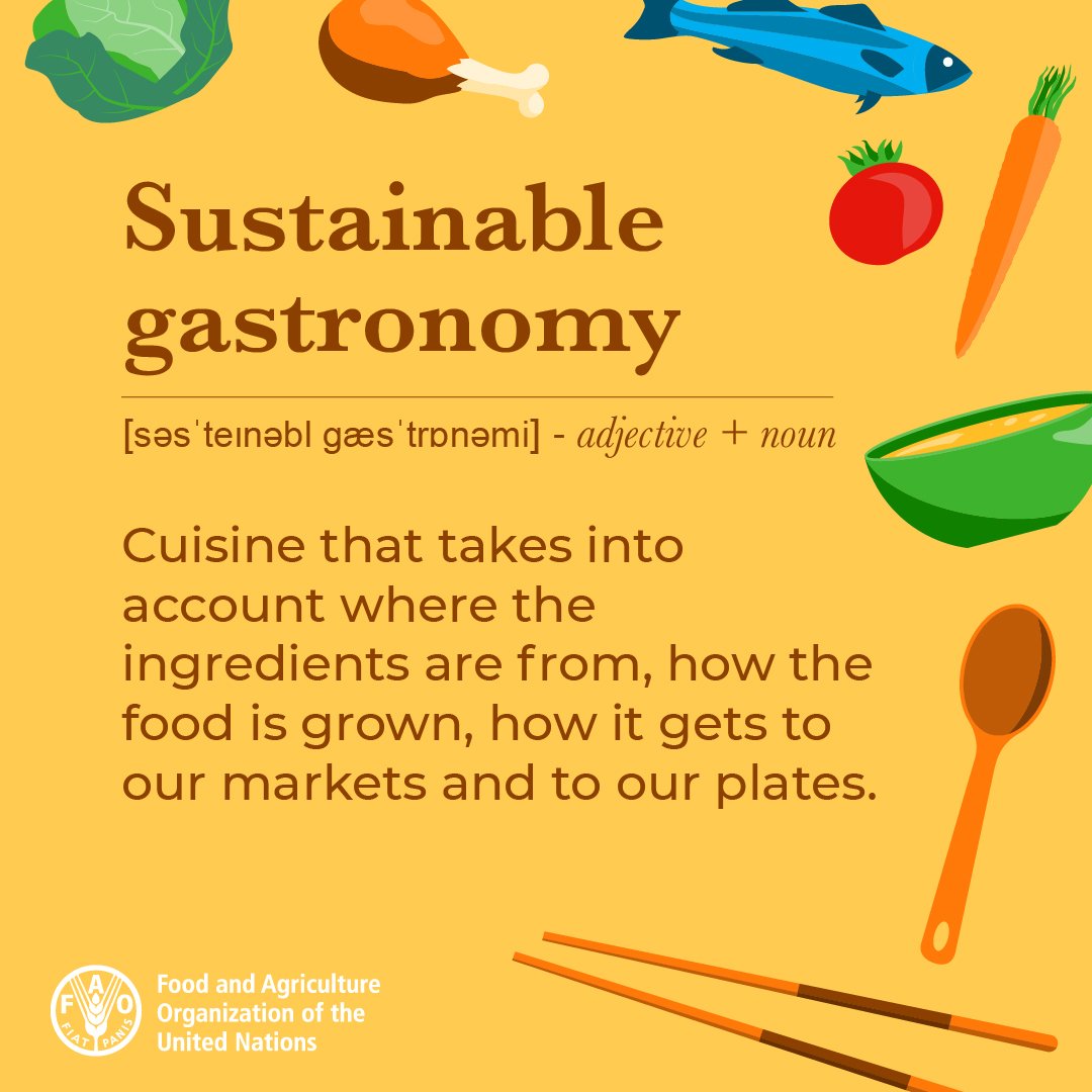 Sustainable gastronomy helps us protect our planet.

@FAO shares 3 ways to practice it:
👩‍🌾 Support small-scale, local producers
🥘 Cook & try local foods
🍝 Reject #FoodWaste
Sunday is #SustainableGastronomyDay. un.org/en/observances…