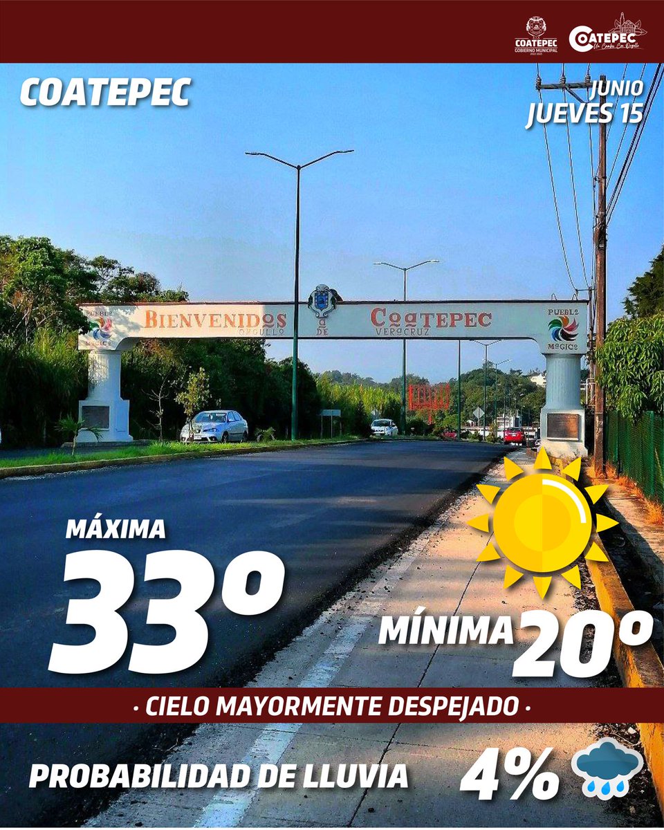 Hoy viernes 16 de junio en Coatepec tendremos una temperatura máxima de 33°C, mínima de 20°C y un 4% de probabilidad de lluvia.

#Coatepec
#UnCambioConOrgullo