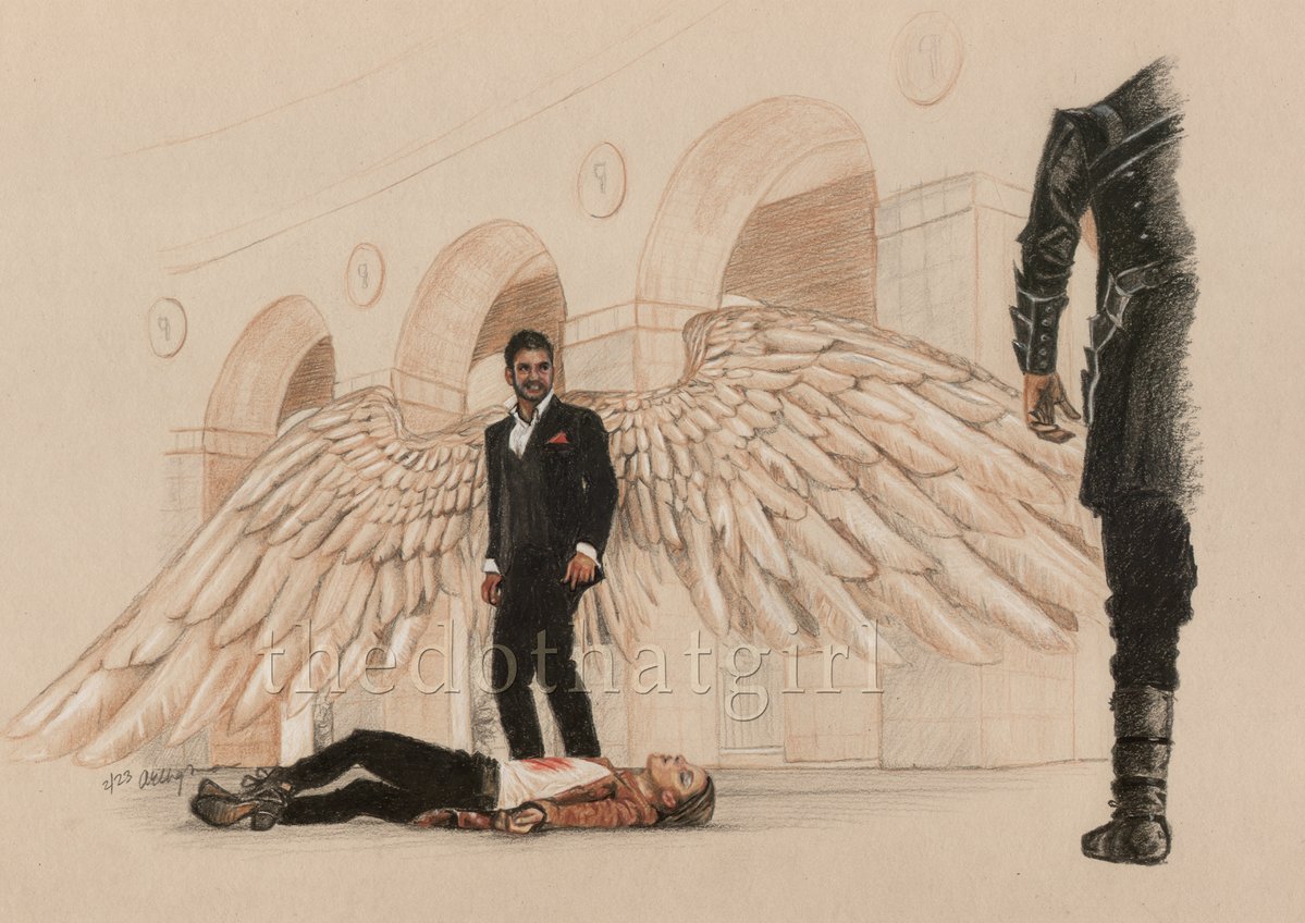 Been a while since I tweeted #LuciferFanart. 

Last one left. Drawn for Joe & Ildy to sign🤭 at Lux2, 'that' scene from the S5 Finale (working title - You Did This).  Huge wingspan - tiny faces - ugh. #LuciferMorningstar #ChloeDecker #FanartFriday 

Guess I start on more now.