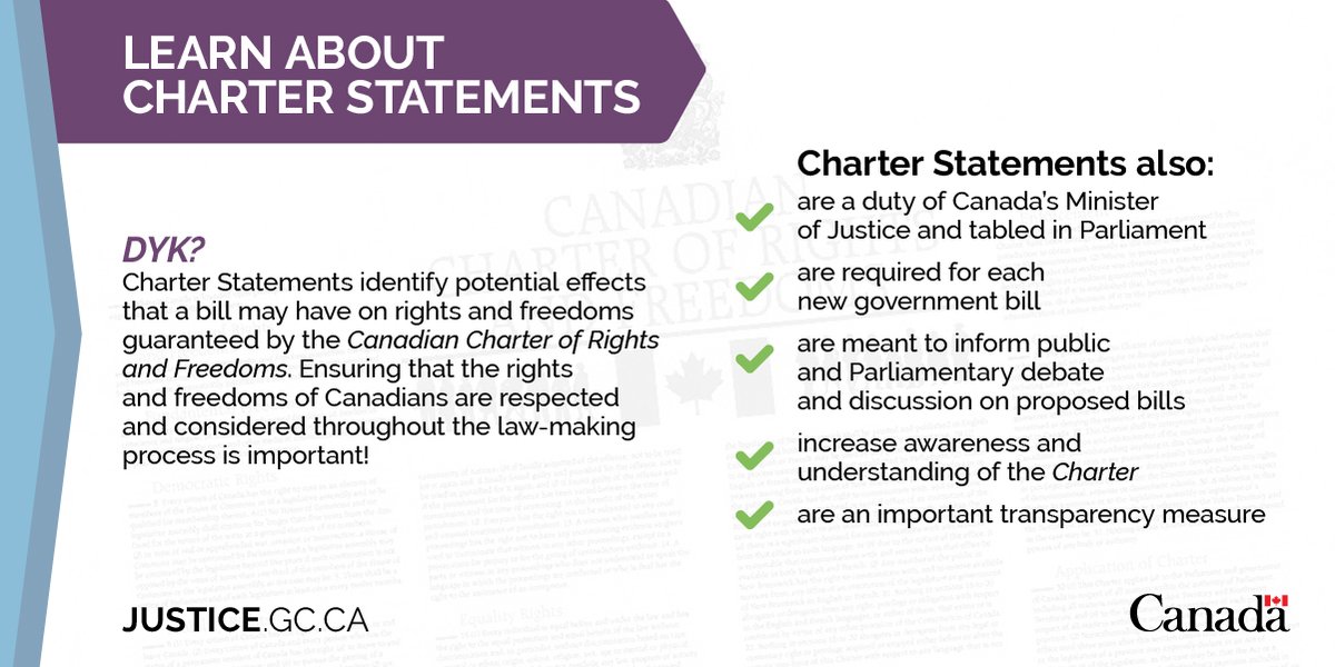 (2/2) Charter Statements are required for each new government bill. These statements, tabled in Parliament, identify the potential effects of a bill on Charter-protected rights and freedoms.
justice.gc.ca/eng/csj-sjc/pl… #cdnlaw