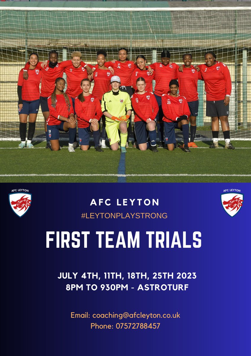 AFCLeytonWomen's tweet photo. 🚨2023/2024 Open Training &amp; Trials 🚨

📚 UEFA Qualified Coaching
🏆 Div 1 North @GLWFLeague 
📅July 4th, July 11th, July 18th and July 25th 
⚽️ High standard of football in an inclusive &amp; positive environment.

📝 To get involved, sign up here:  https://t.co/zH0ubCDjSx https://t.co/uJLBleQrwP