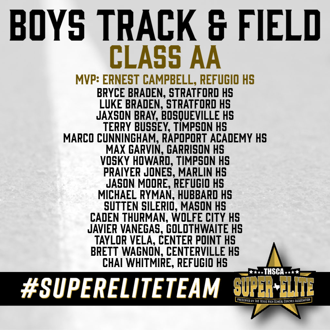 Congratulations to the THSCA 2A Boys Track &amp; Field #SuperEliteTeam! Each of these athletes have made the Super Elite Team based on their exemplary athletic achievements this season.👏👟

thsca.com/super-elite-te…
<a href="/Ernesttheflash/">Ernest Campbell</a> <a href="/RefugioSports/">Refugio Sports Network</a> <a href="/jasonhenrymoore/">Jason Moore</a> <a href="/chai2shifty/">Chai Whitmire</a>