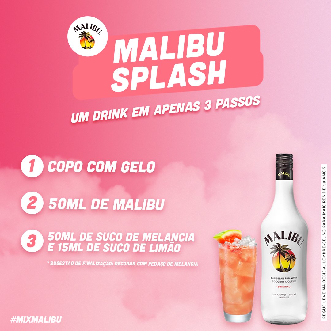 malibu_br's tweet photo. A combinação docinha e refrescante para o seu final de semana que está chegando! 🥥🍉

Que tal? A receita está ao lado! 

Pegue leve na bebida. Lembre-se, apenas para maiores de 18 anos.

#Malibu #MixMalibu #MalibuRum #VerãoOAnoTodo https://t.co/TRGmm2urLH