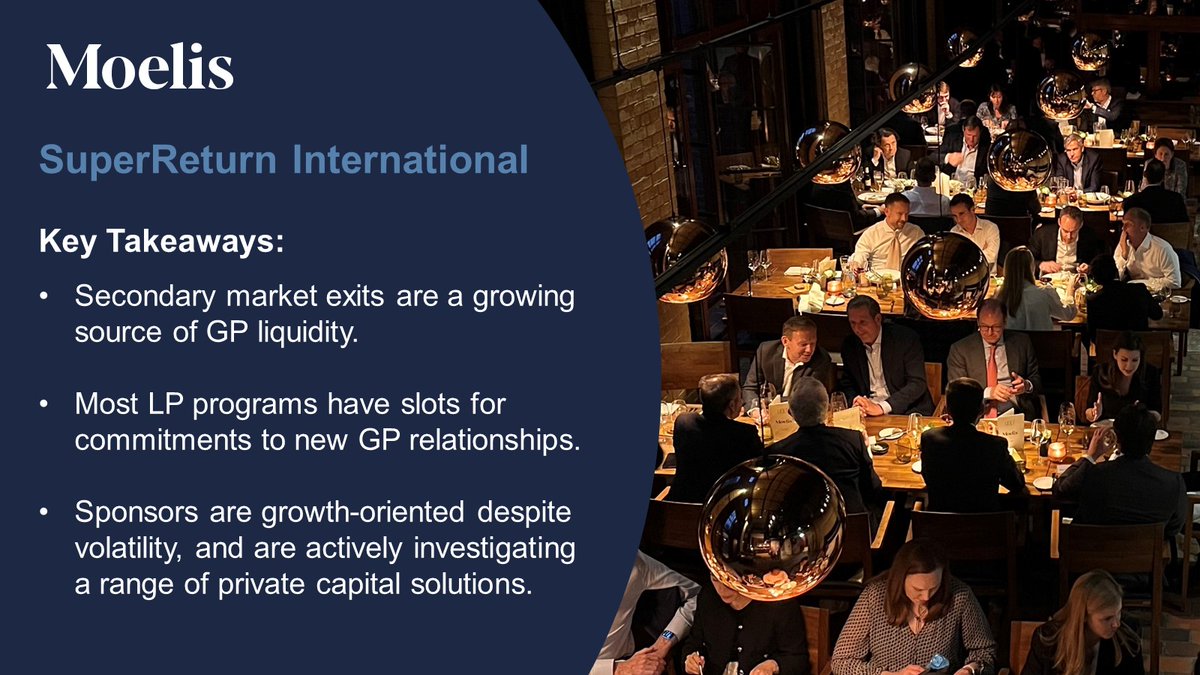 Moelis's tweet image. We were pleased to attend another successful SuperReturn International last week. Our Private Funds Advisory team hosted LPs and GPs at dinner for timely discussions on opportunities, challenges and trends impacting the private funds community #privateequity #SuperReturn